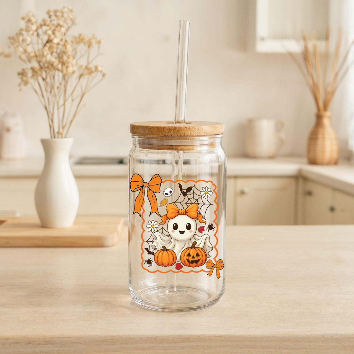 Cute Girly Ghost With Orange Coquette Design Glass Cup