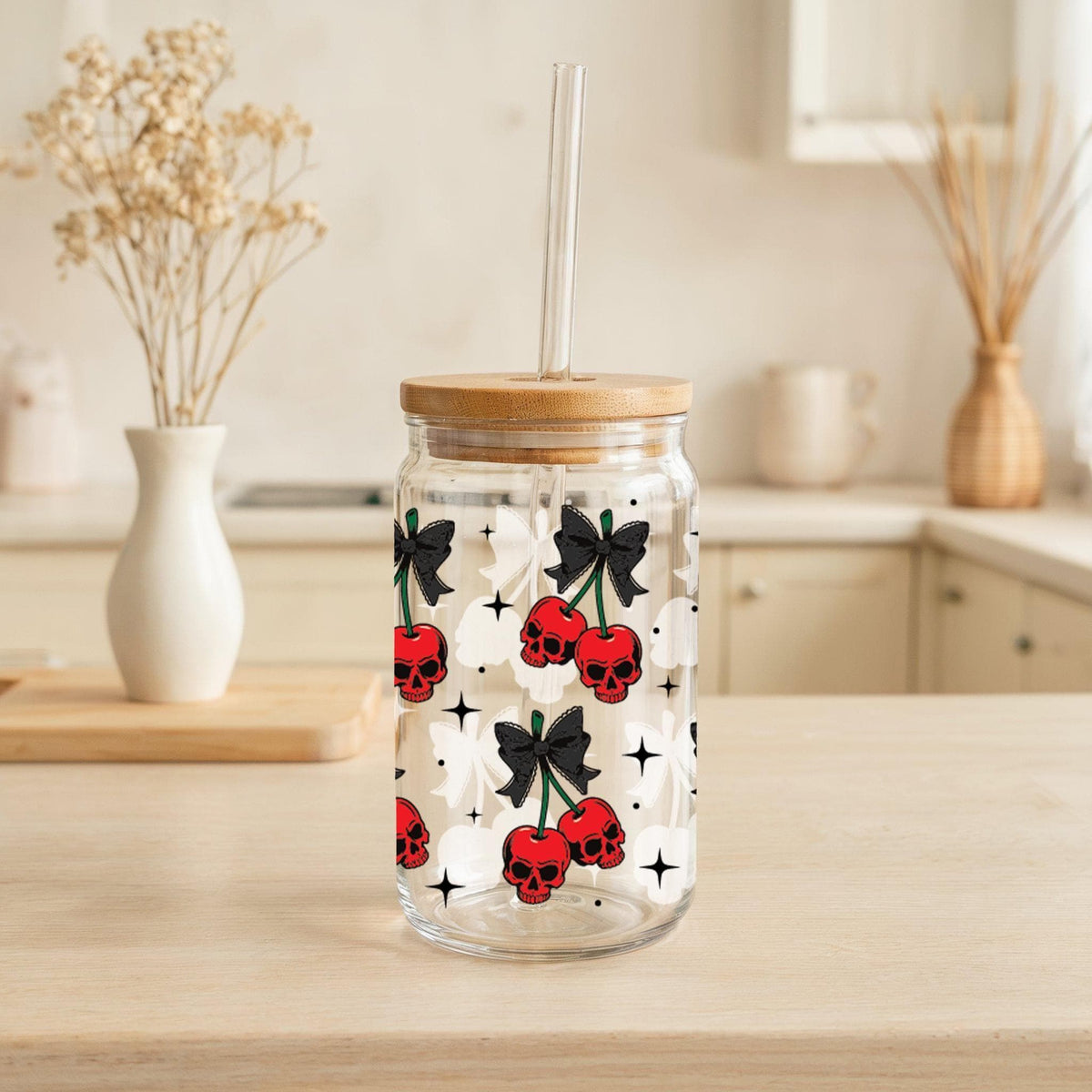 Cherry Skulls Can Glass Tumbler, Gothic Halloween Party Beer Can Glass