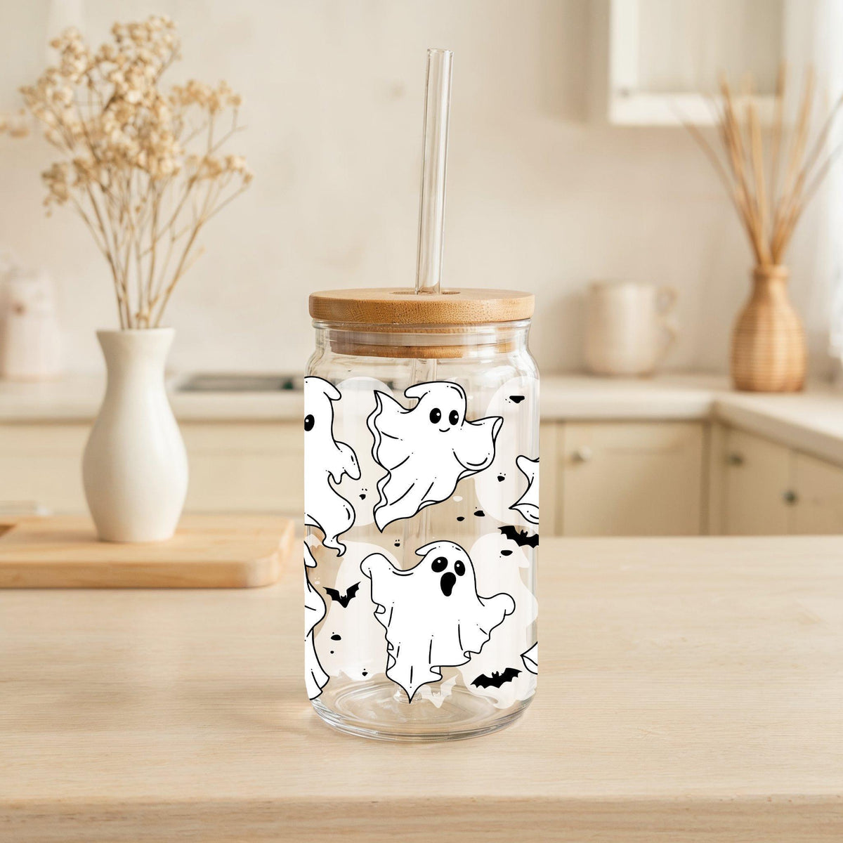 Cute Ghosts And Bats Design Iced Coffee Cup, Halloween Inspired Can Glass Tumbler
