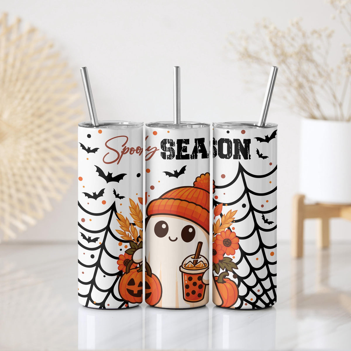 Spooky Season Spider Webs & Cute Ghost Tumbler, Kids Halloween Trip Steel Water Bottle
