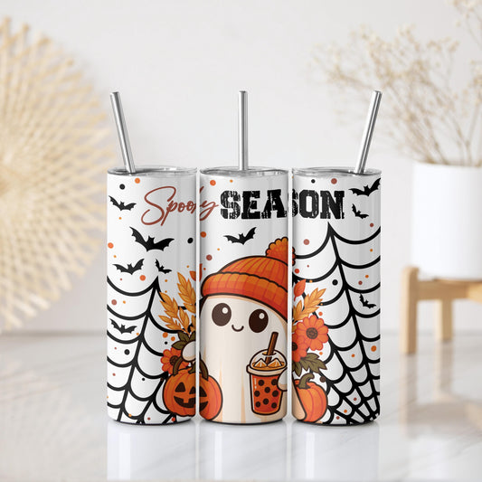 Spooky Season Spider Webs & Cute Ghost Tumbler, Kids Halloween Trip Steel Water Bottle