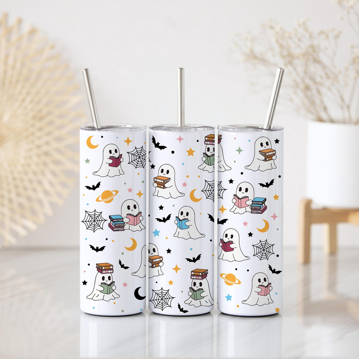 Bookworm Ghost Design Halloween Tumbler With Straw, Spooky Season Kids Drinkware