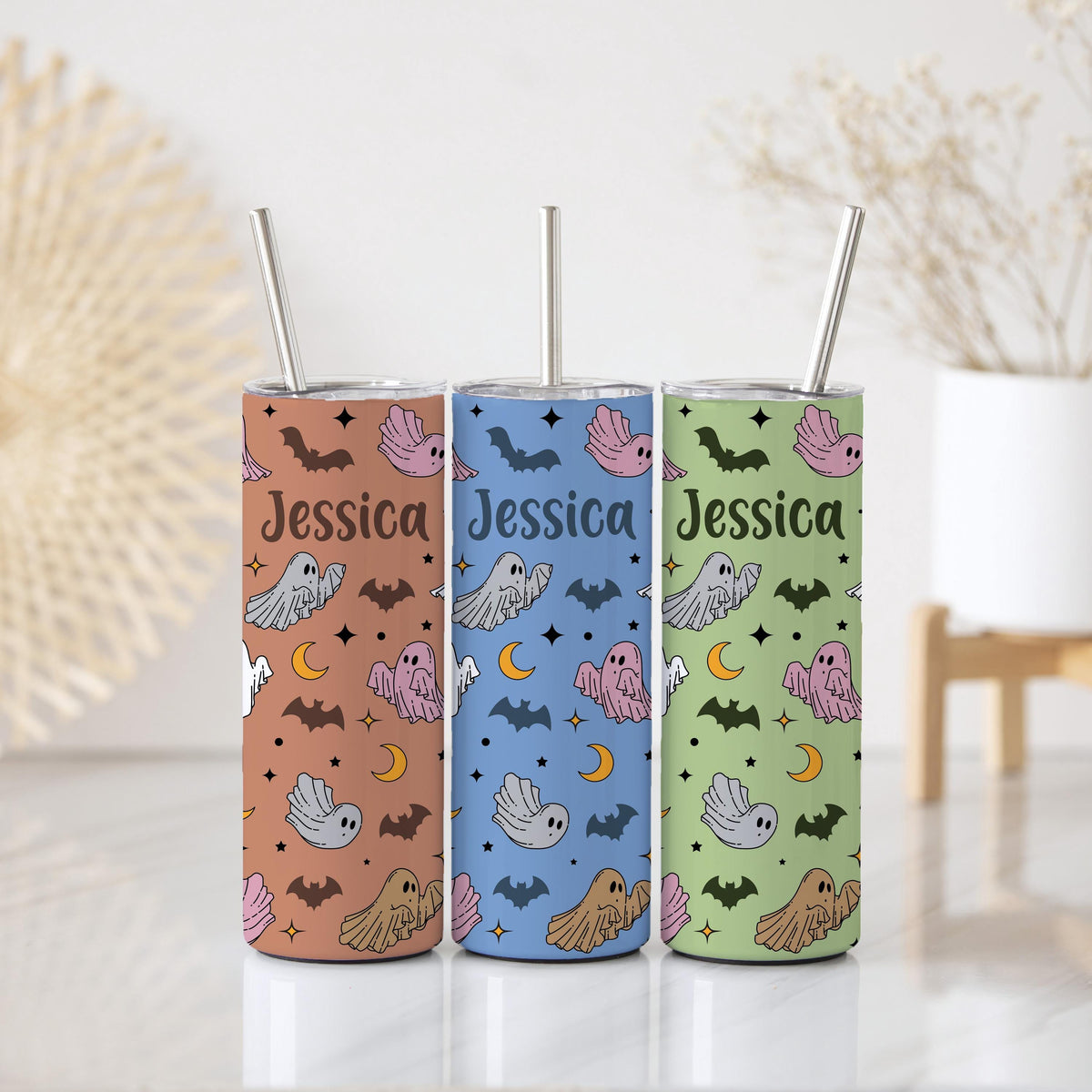 Customizable Colorful Ghost And Bats Pattern Tumbler With Straw