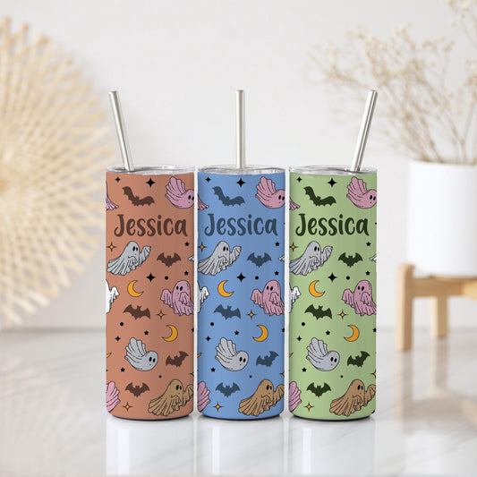 Customizable Colorful Ghost And Bats Pattern Tumbler With Straw