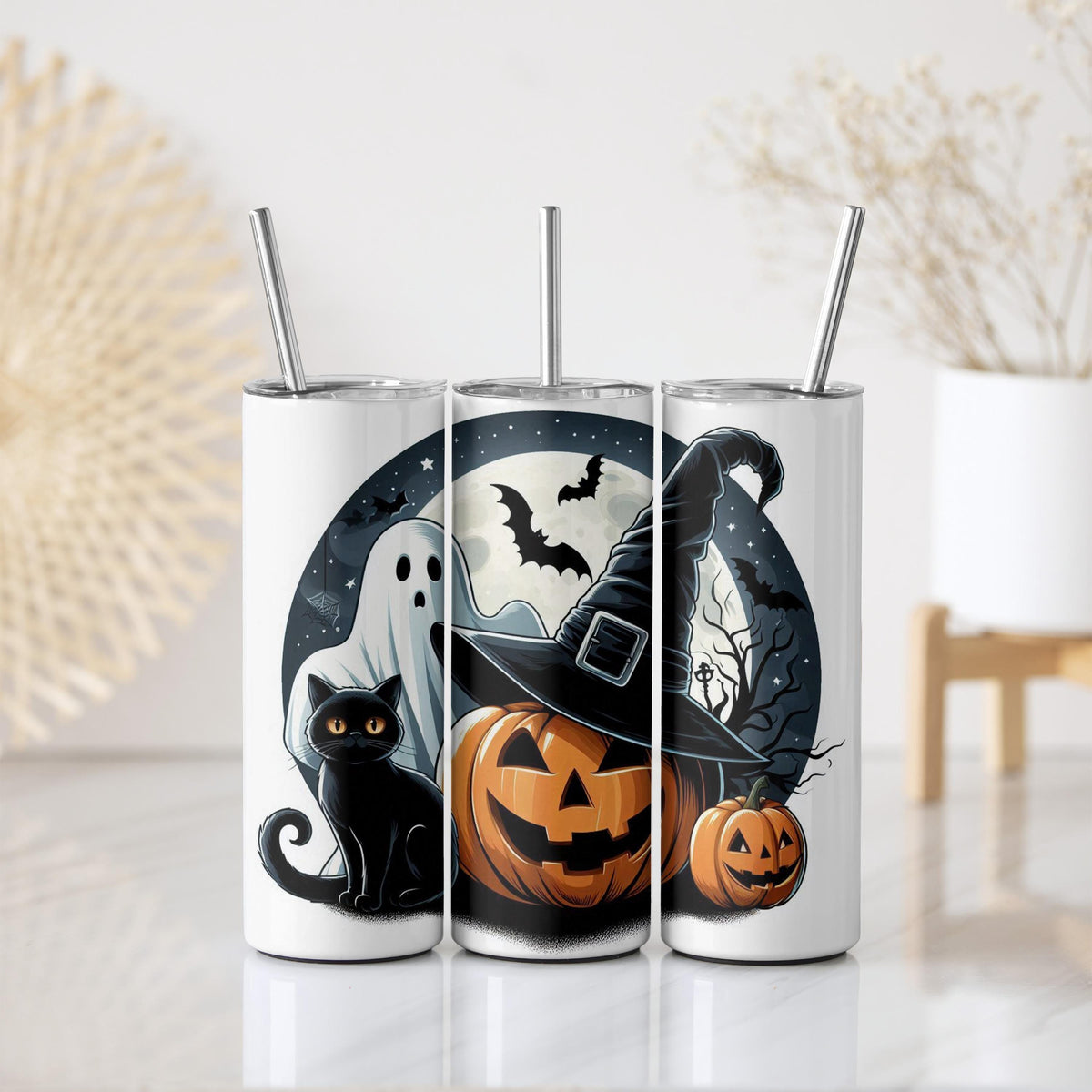 Halloween Tumbler with Ghost Black Cat and Pumpkin