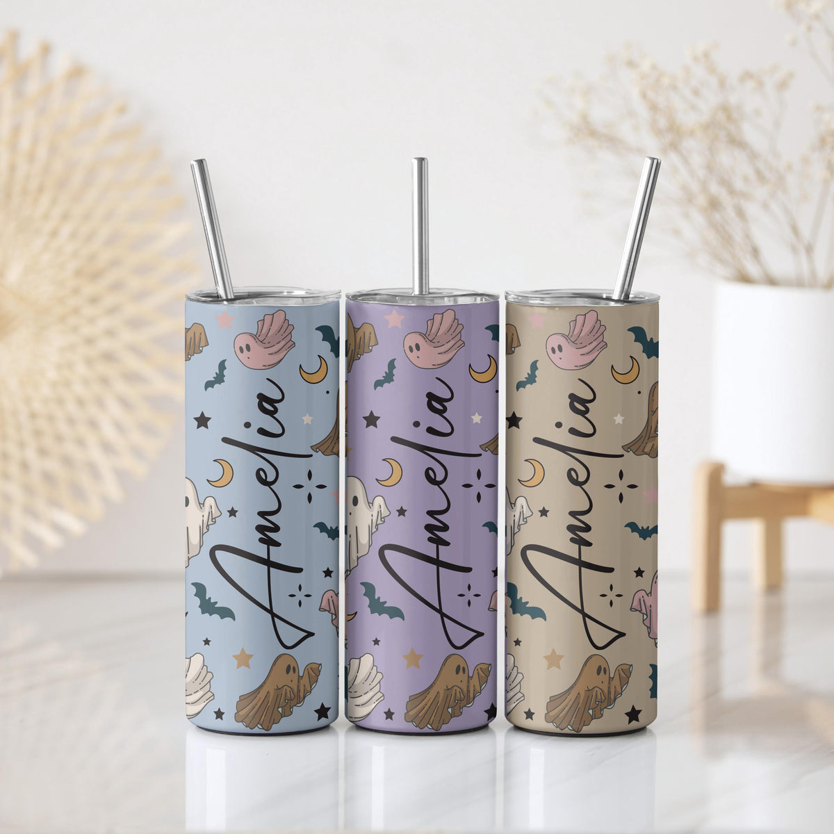 Personalized Ghost Pattern Tumbler With Straw, Happy Halloween Gifts