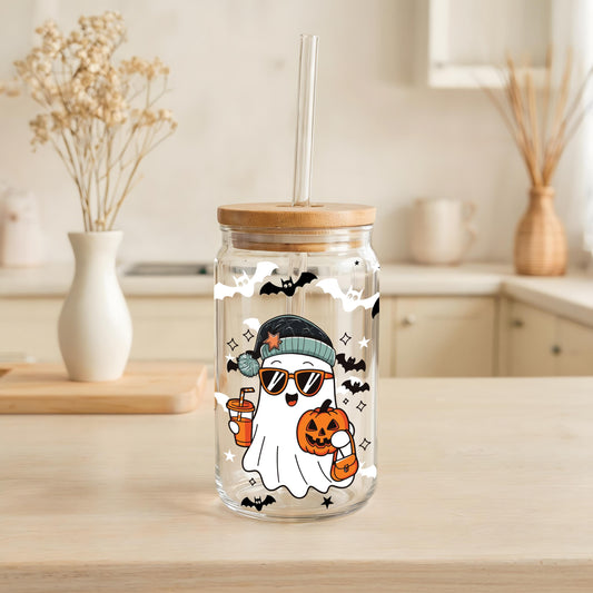 Preppy Halloween Ghost Design Can Glass Tumbler, Cute Spooky Season Gift For Her