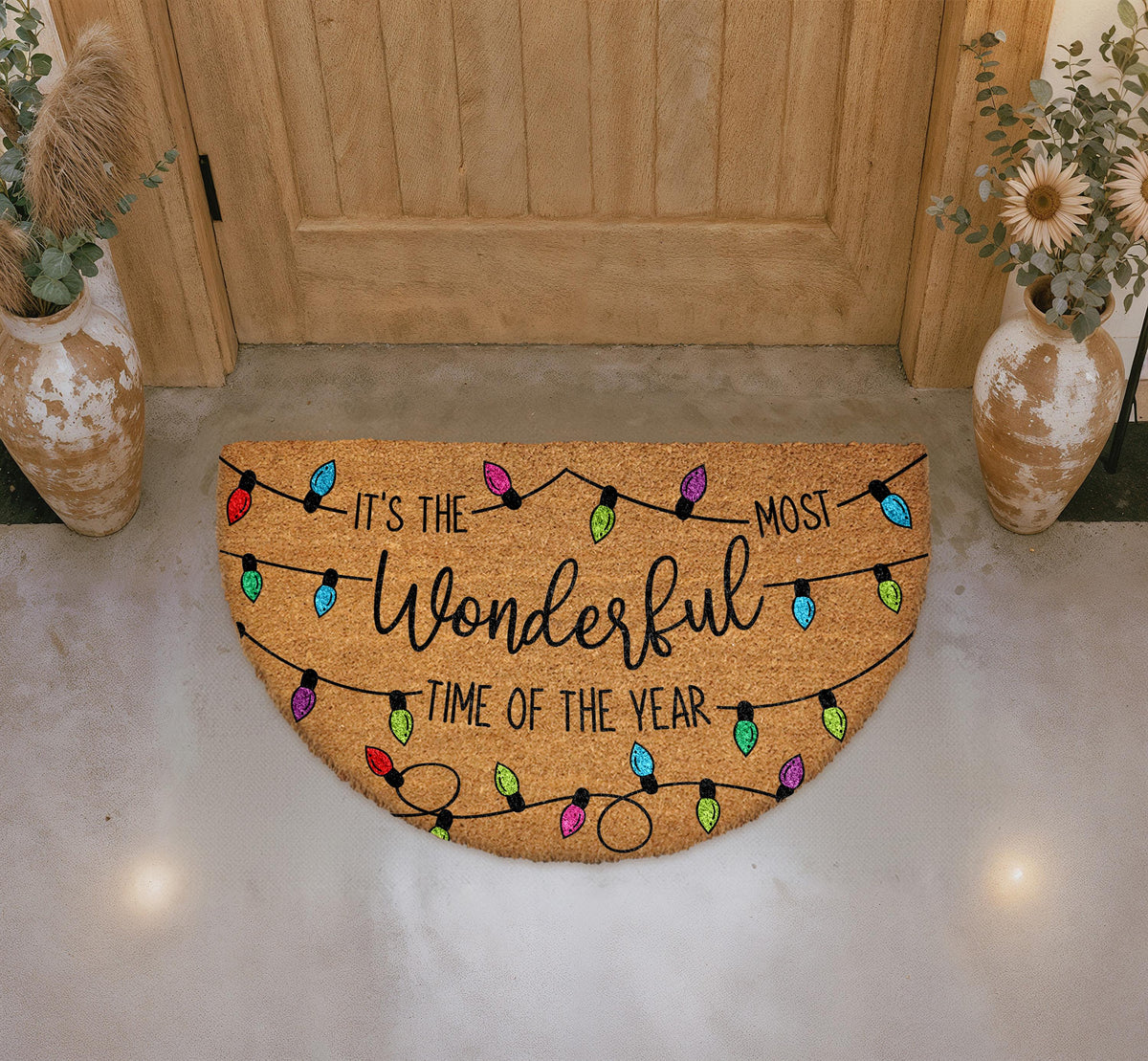 Time of Year Doormat, Colorful Christmas Lights Welcome Mat, Festive Entryway Rug
