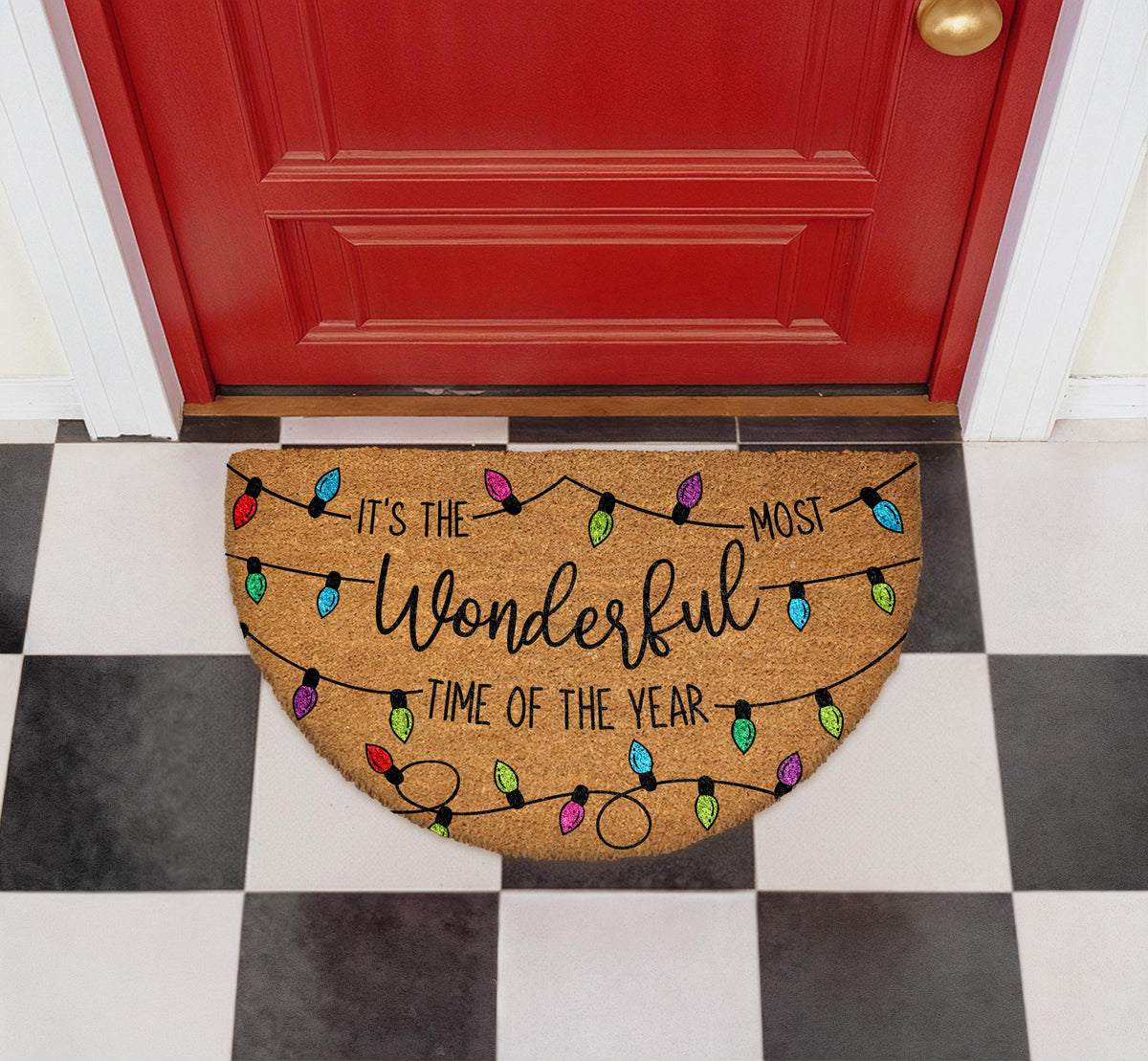 Time of Year Doormat, Colorful Christmas Lights Welcome Mat, Festive Entryway Rug