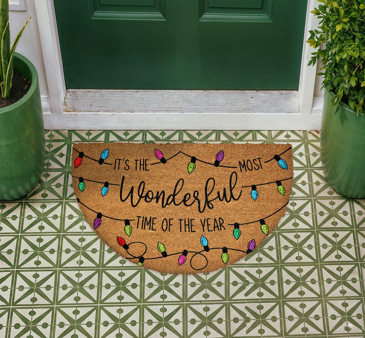 Time of Year Doormat, Colorful Christmas Lights Welcome Mat, Festive Entryway Rug