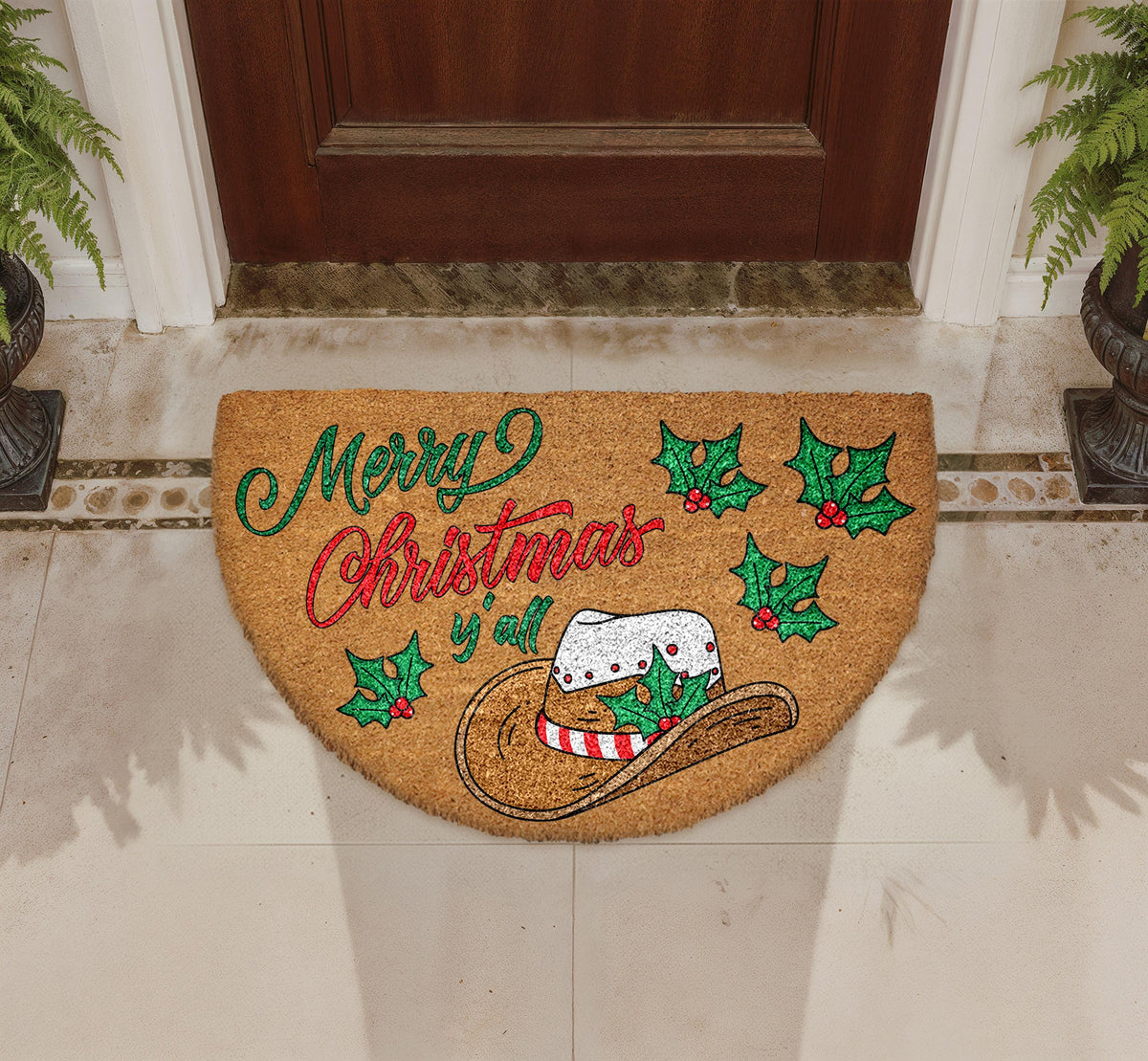Merry Christmas Y'all Doormat, Western Cowboy Hat Holiday Entryway Mat