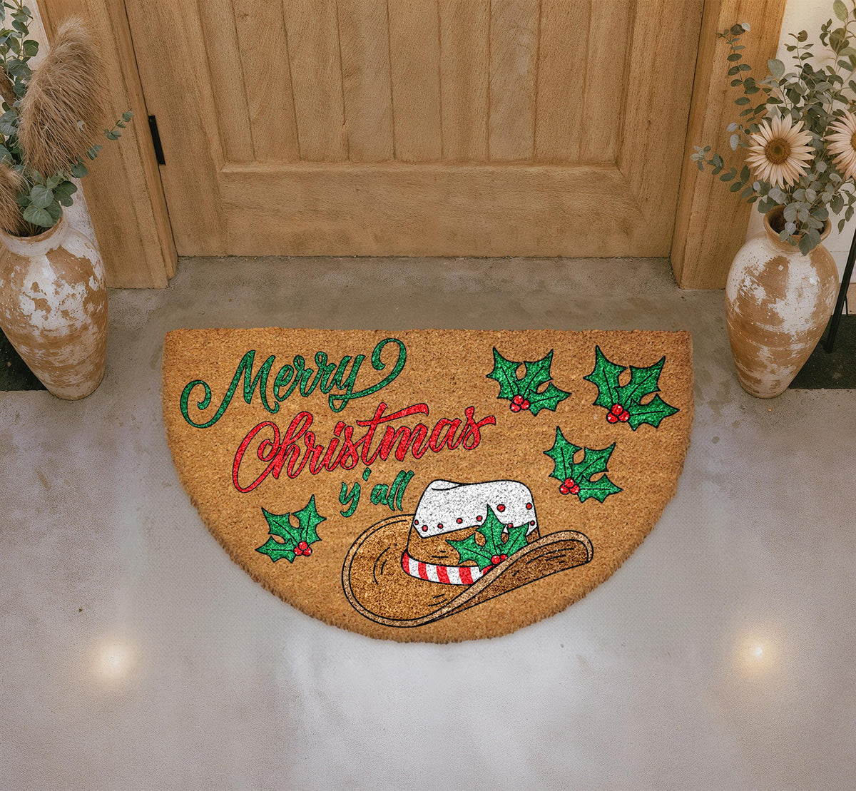 Merry Christmas Y'all Doormat, Western Cowboy Hat Holiday Entryway Mat