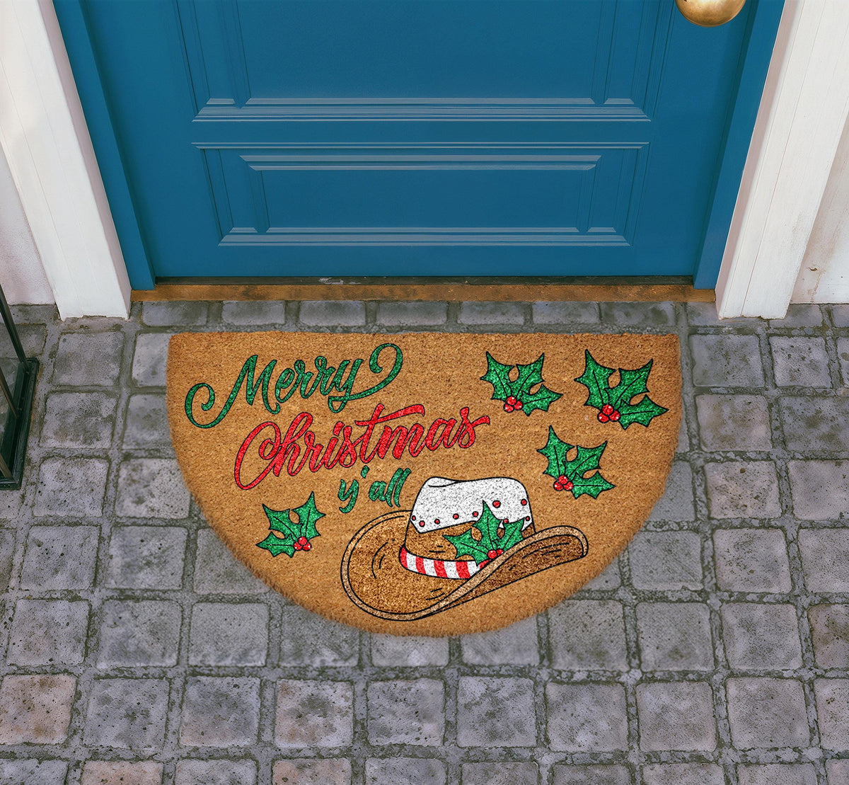 Merry Christmas Y'all Doormat, Western Cowboy Hat Holiday Entryway Mat