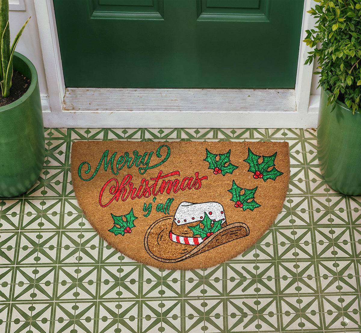 Merry Christmas Y'all Doormat, Western Cowboy Hat Holiday Entryway Mat