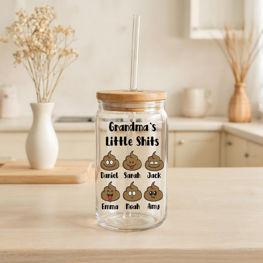 Customizable Grandma's Little Shits Can Glass Tumbler, Unique Granny Gift