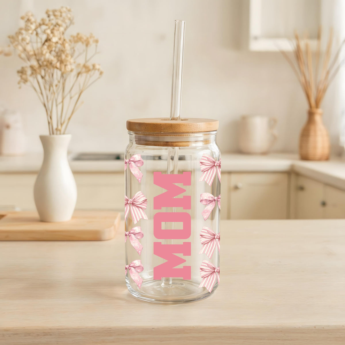 Pink Coquettes Bows Mom Can Glass Tumbler, Cute Mother's Day Gift, Mom's Iced Coffee Cup