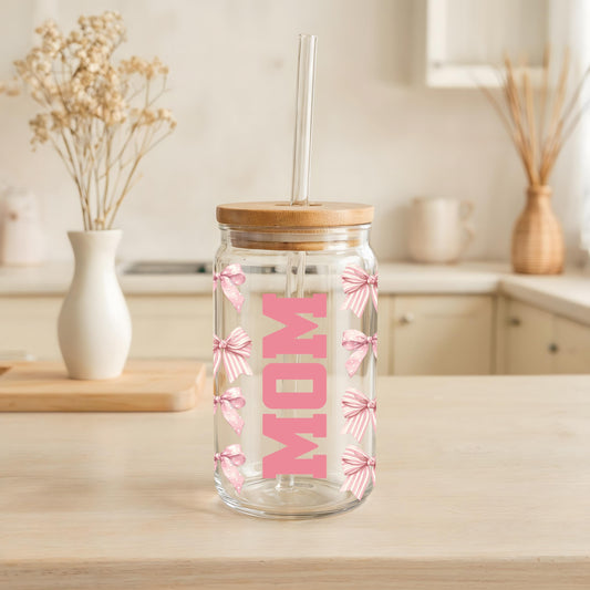 Pink Coquettes Bows Mom Can Glass Tumbler, Cute Mother's Day Gift, Mom's Iced Coffee Cup