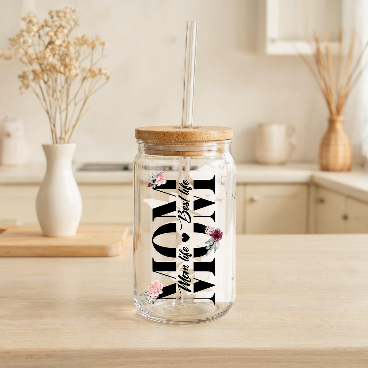 Mom Life, Best Life Glass Can Tumbler, Floral Ice Coffee Lover Mom Glass Cup