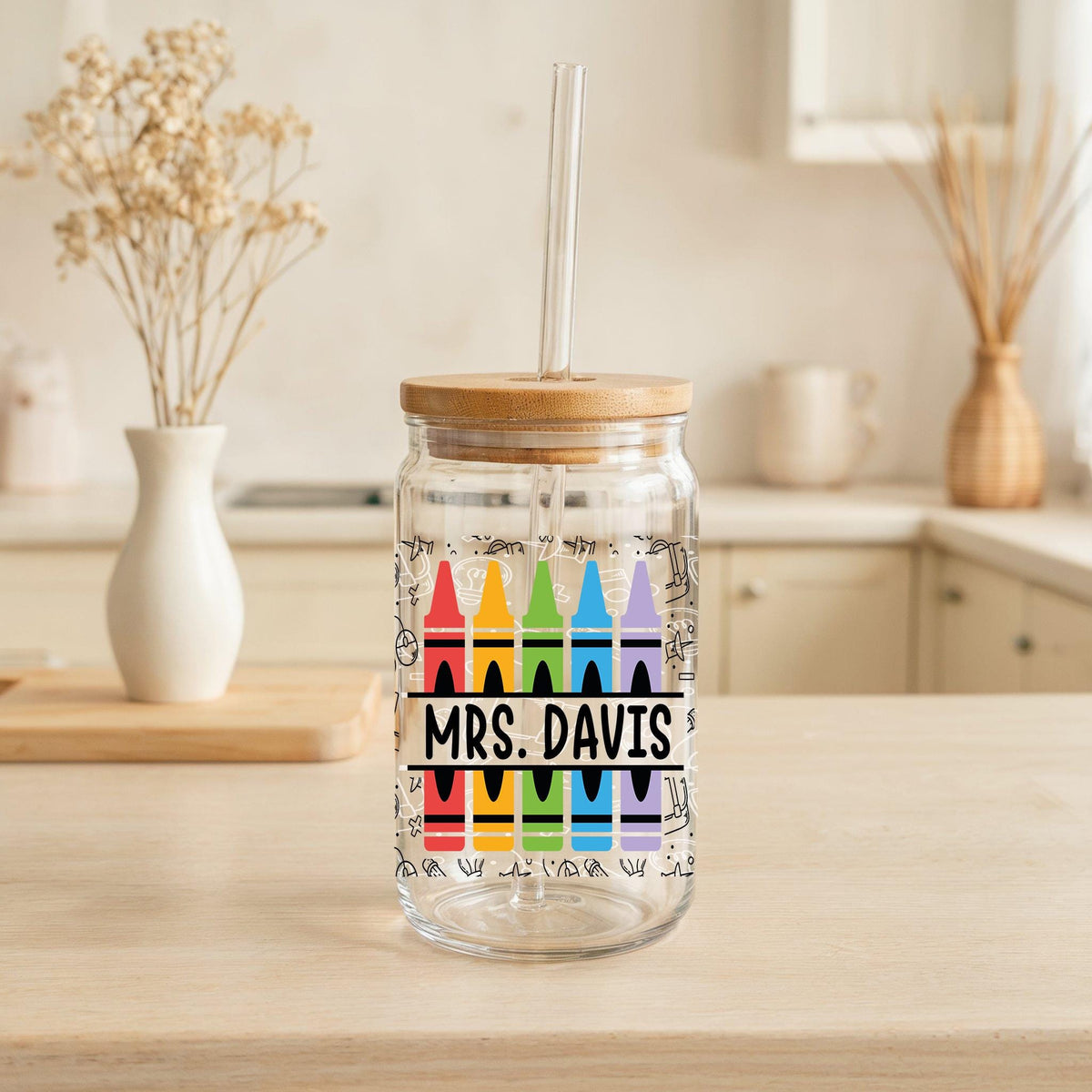 Personalized Teachers Name Can Glass Tumbler, Rainbow Crayons Teacher Iced Coffee Cup