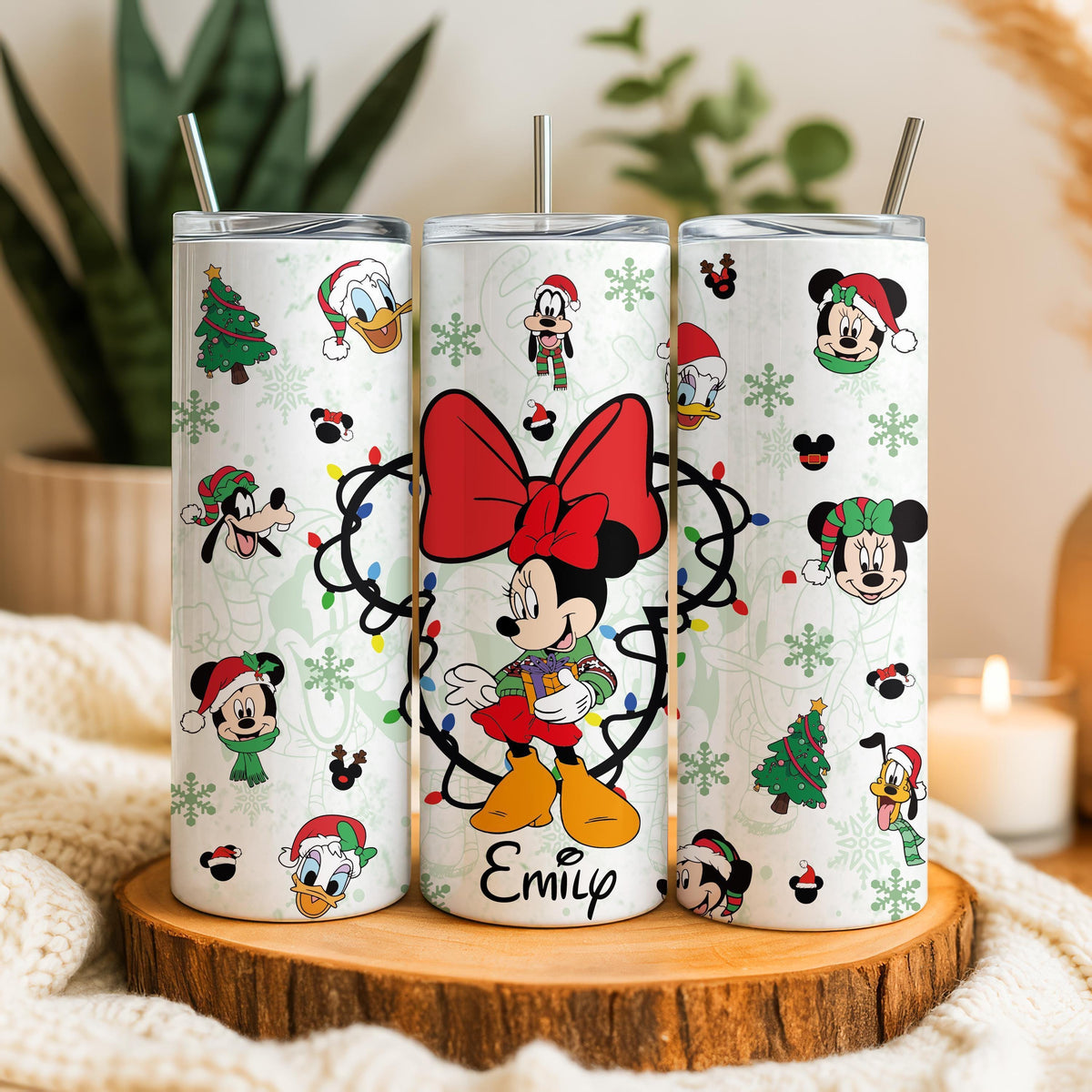 Personalized Cartoon Christmas Tumbler, Holiday Lights Cup with Straw, Family Xmas Gift