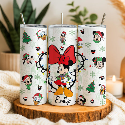 Personalized Cartoon Christmas Tumbler, Holiday Lights Cup with Straw, Family Xmas Gift