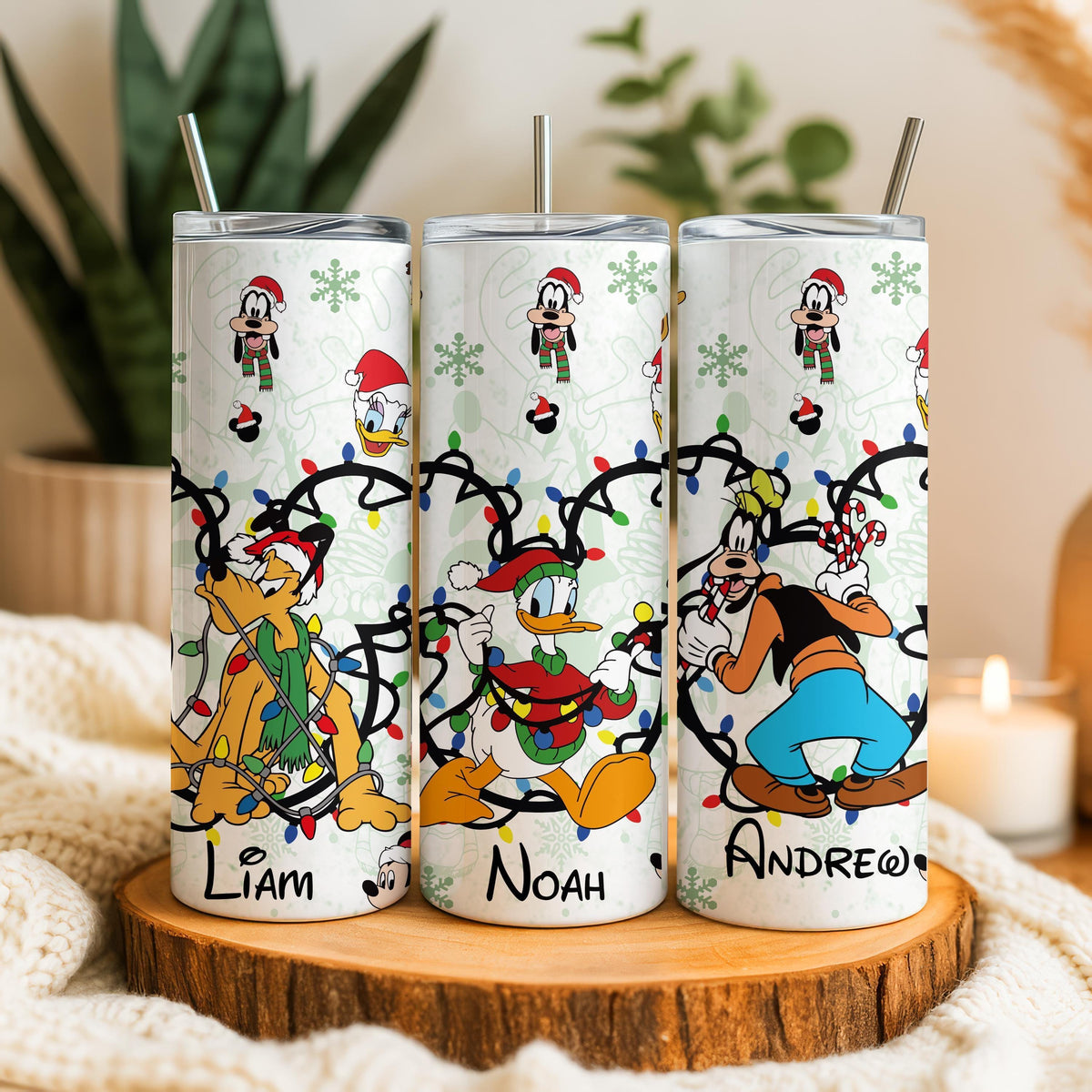 Personalized Cartoon Christmas Tumbler, Holiday Lights Cup with Straw, Family Xmas Gift