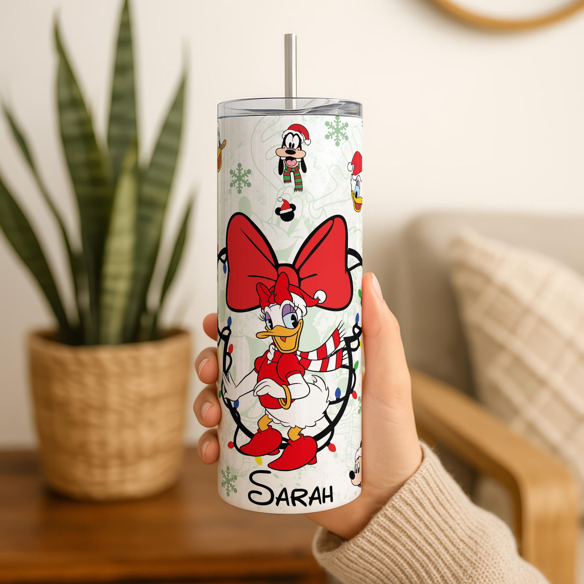 Personalized Cartoon Christmas Tumbler, Holiday Lights Cup with Straw, Family Xmas Gift