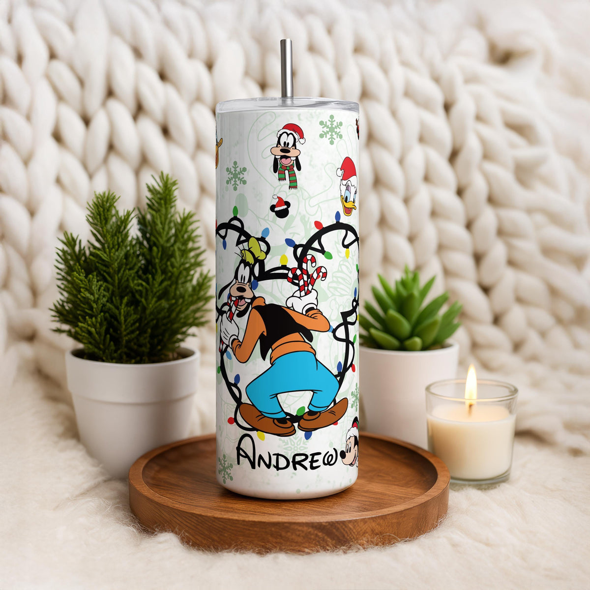 Personalized Cartoon Christmas Tumbler, Holiday Lights Cup with Straw, Family Xmas Gift