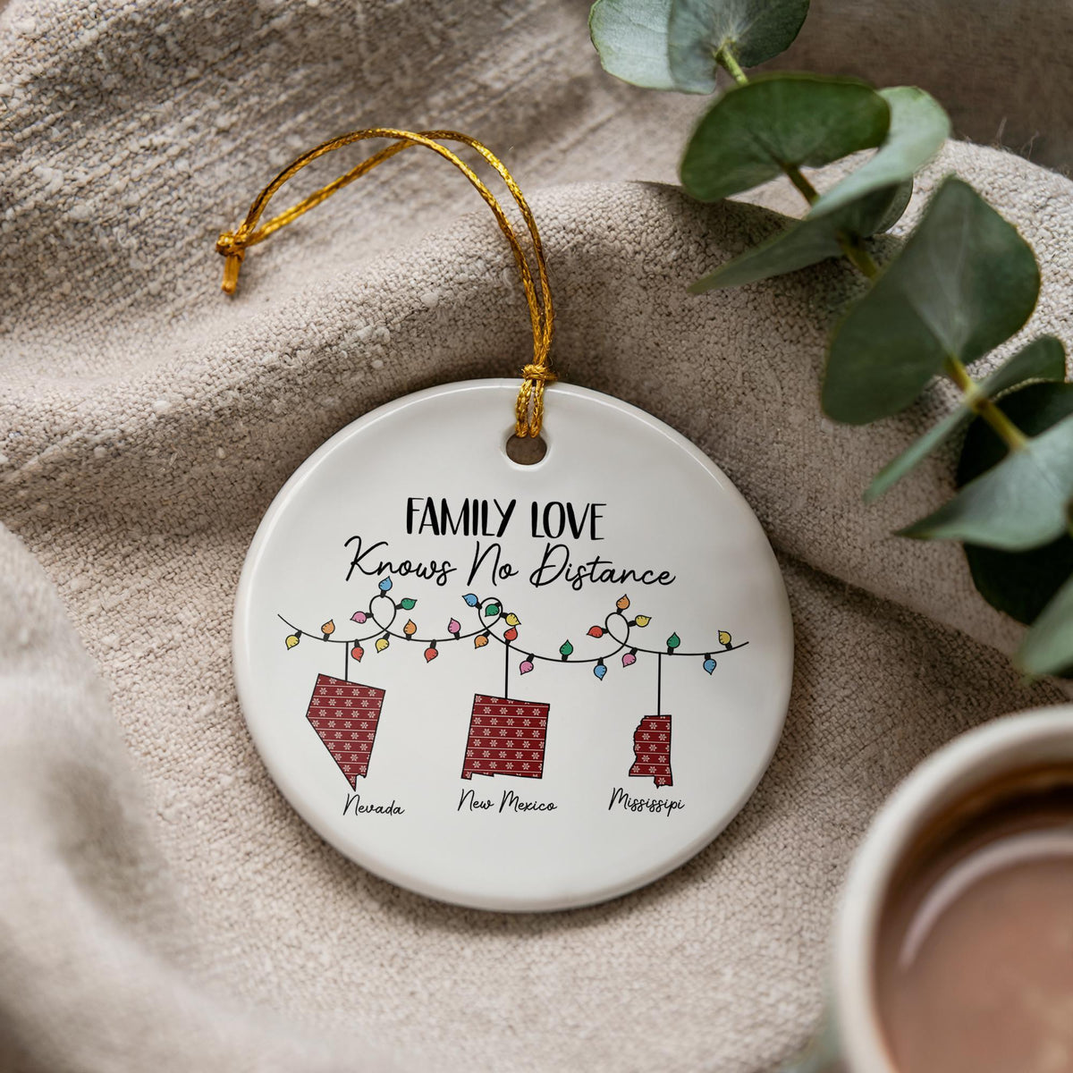 Personalized State Ceramic Christmas Ornament, Long Distance Family Keepsake