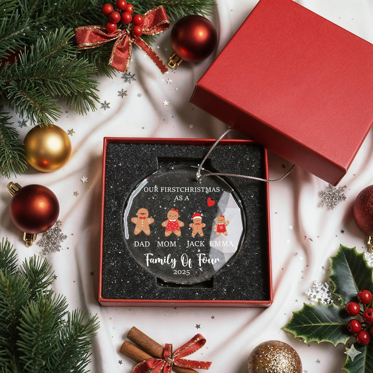 Custom Gingerbread Family Crystal Glass Christmas Ornament, Family Keepsake Gift