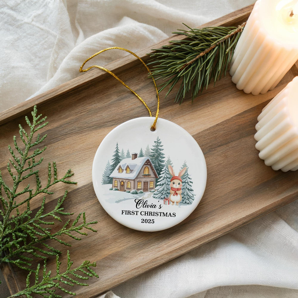 Personalized Baby's First Christmas Ornament, Woodland Bunny, Ceramic Keepsake