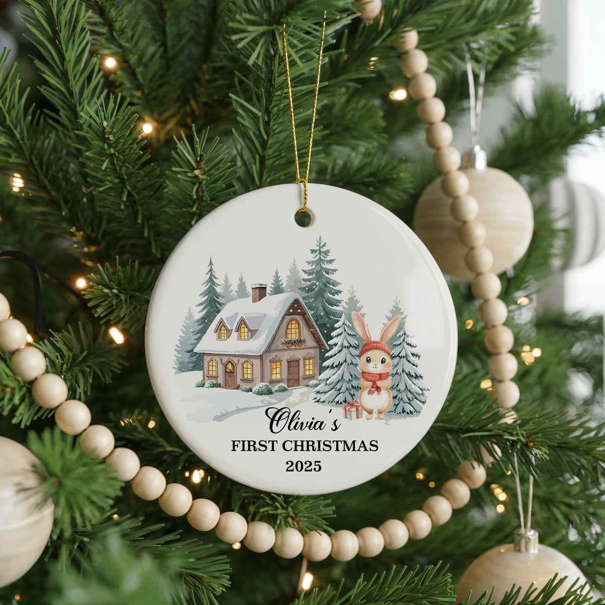 Personalized Baby's First Christmas Ornament, Woodland Bunny, Ceramic Keepsake