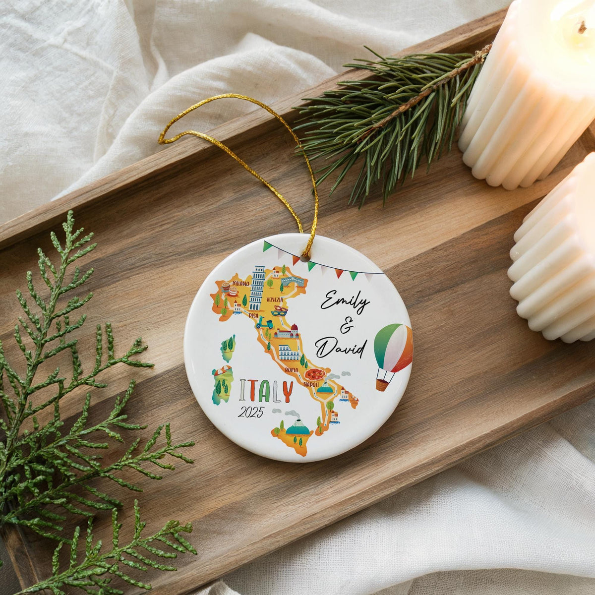 Personalized Italy Map Ornament, Custom Travel Keepsake, Ceramic Souvenir Gift