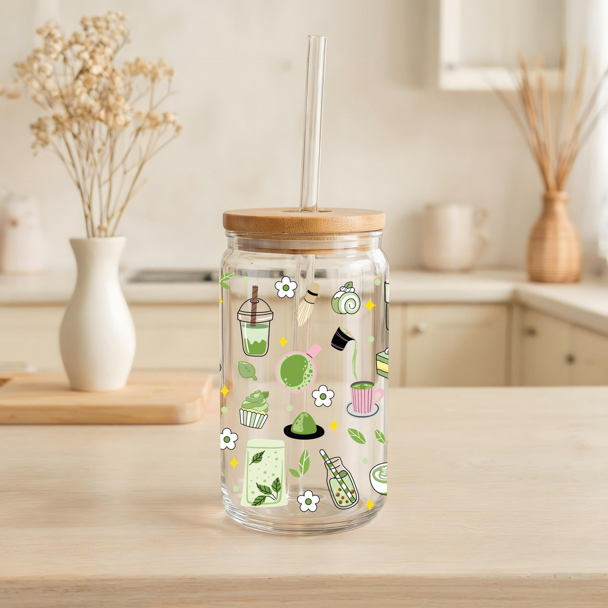 Aesthetic Matcha Theme Can Glass Tumbler, Colorful Kawaii Doodle Bamboo Lid Cup