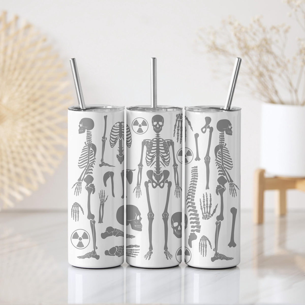Skeleton Themed Tumbler With Straw, Human Bones Anatomical Stainless Steel Tumbler