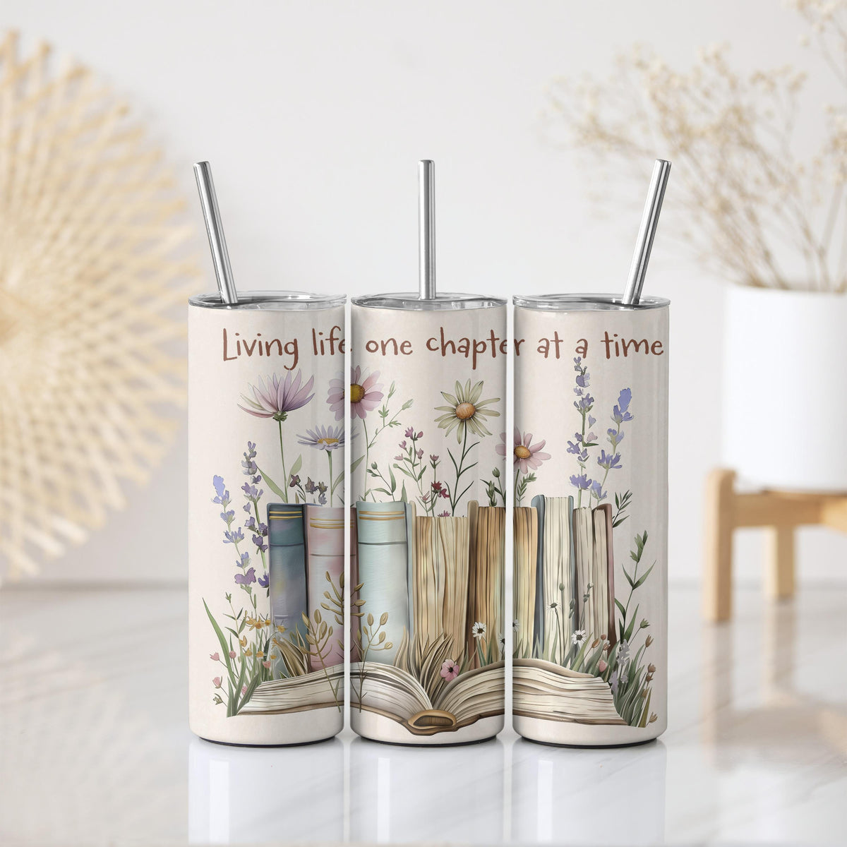Living Life One Chapter At A Time Tumbler With Straw, Floral Bookshelf Theme Insulated Tumbler