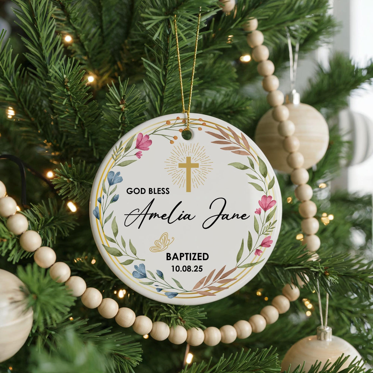 Personalized Baptism Ornament, Floral Wreath Ceramic Keepsake, God Bless Gift