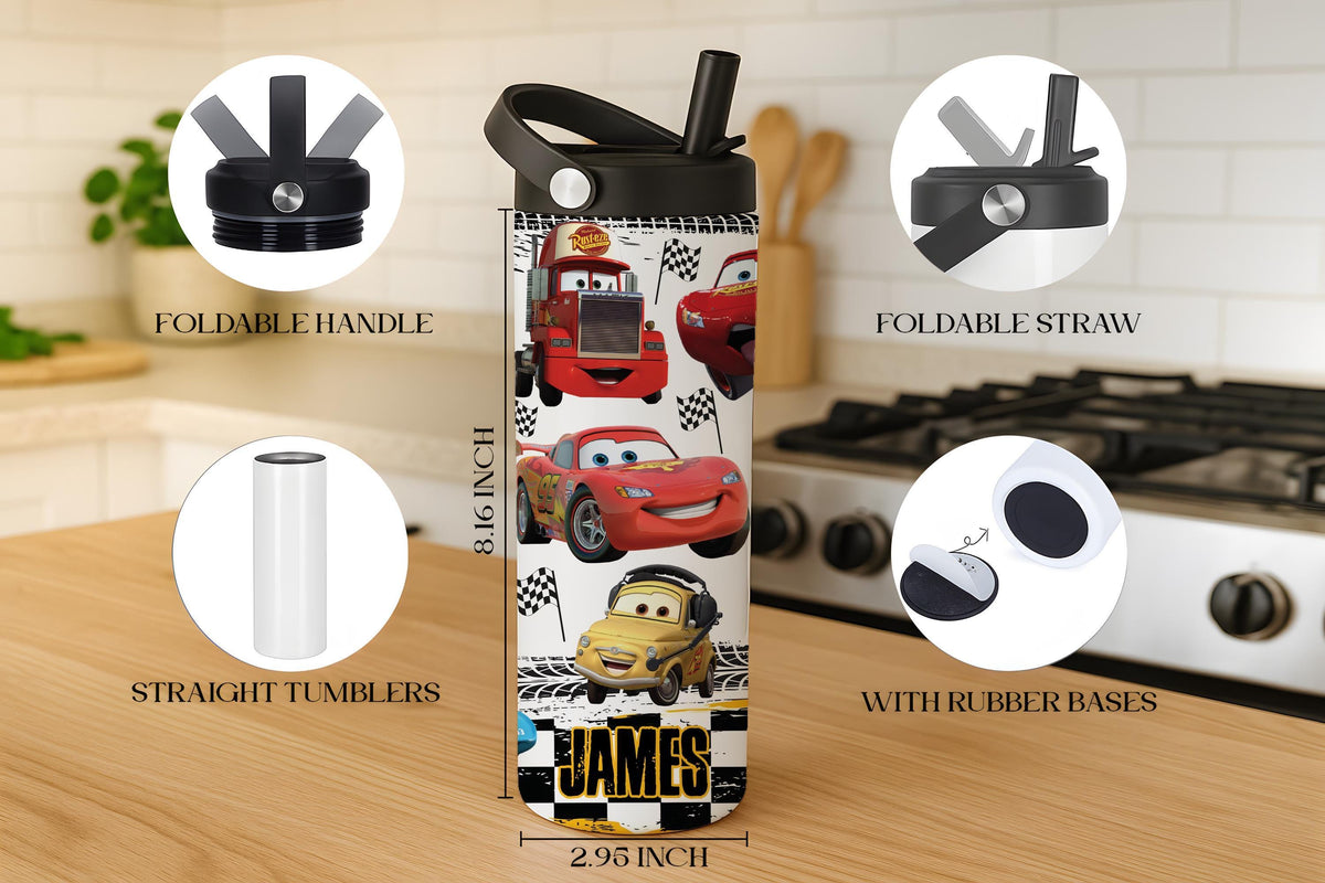 Personalized Racing Cars Tumbler With Foldable Straw, Car Lover Kids Insulated Water Cup