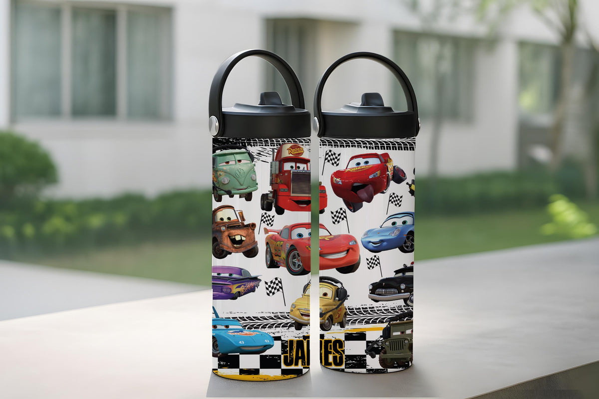 Personalized Racing Cars Tumbler With Foldable Straw, Car Lover Kids Insulated Water Cup
