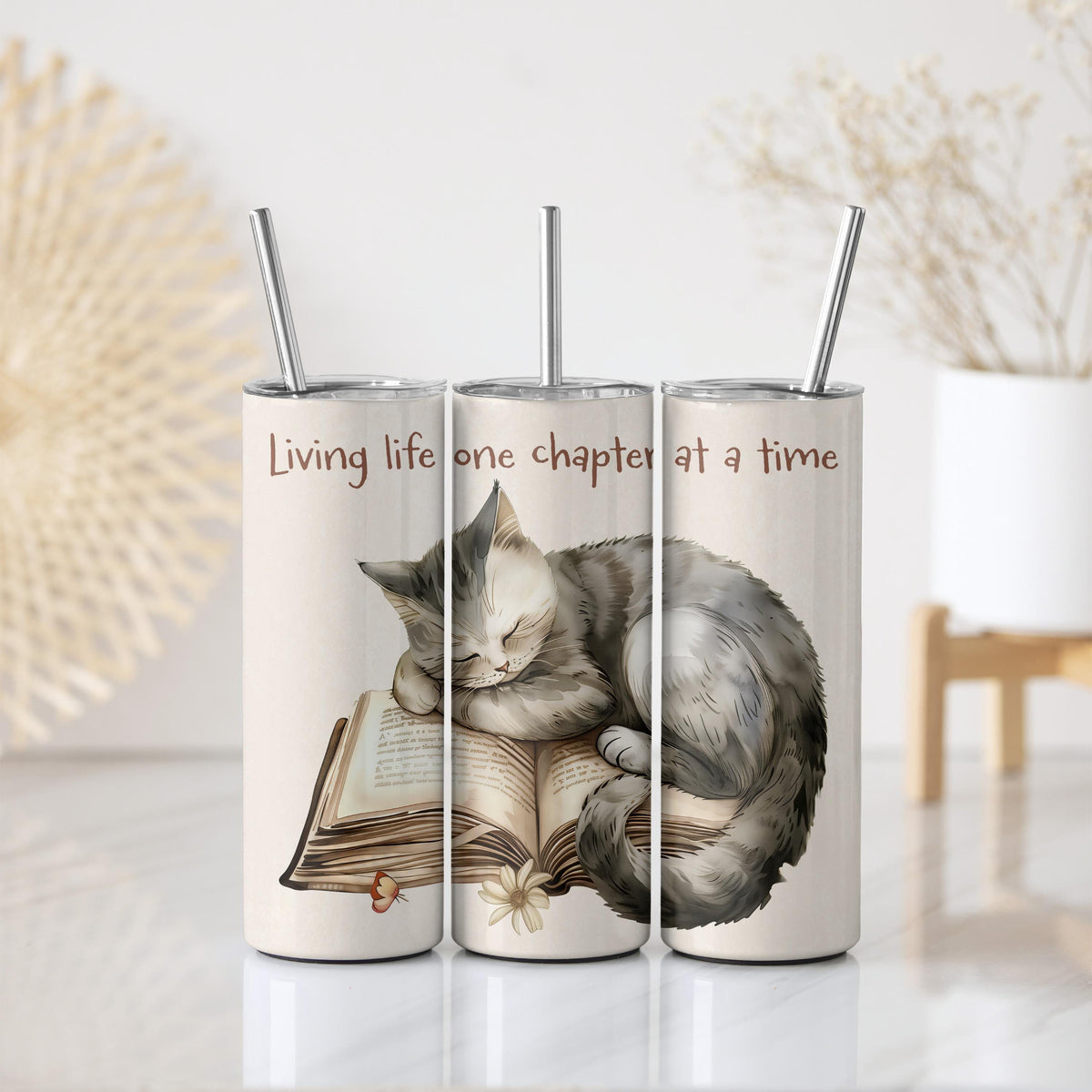 Book Enthusiast Stainless Steel Tumbler, Cat Sleeping On Book Design Insulated Tumbler