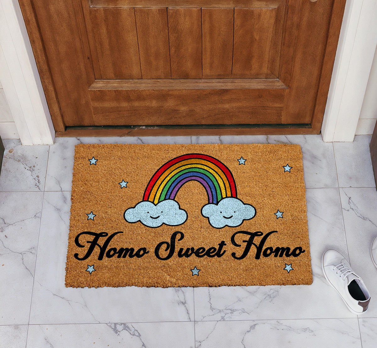 Homo Sweet Doormat, LGBTQ Welcome Mat, Rainbow Porch Coir Rug, Pride Month Decor
