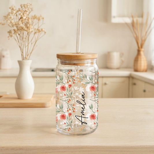 Customizable Cottage Core Sipper Glass Cup, Boho Vintage Looking Iced Coffee Cup