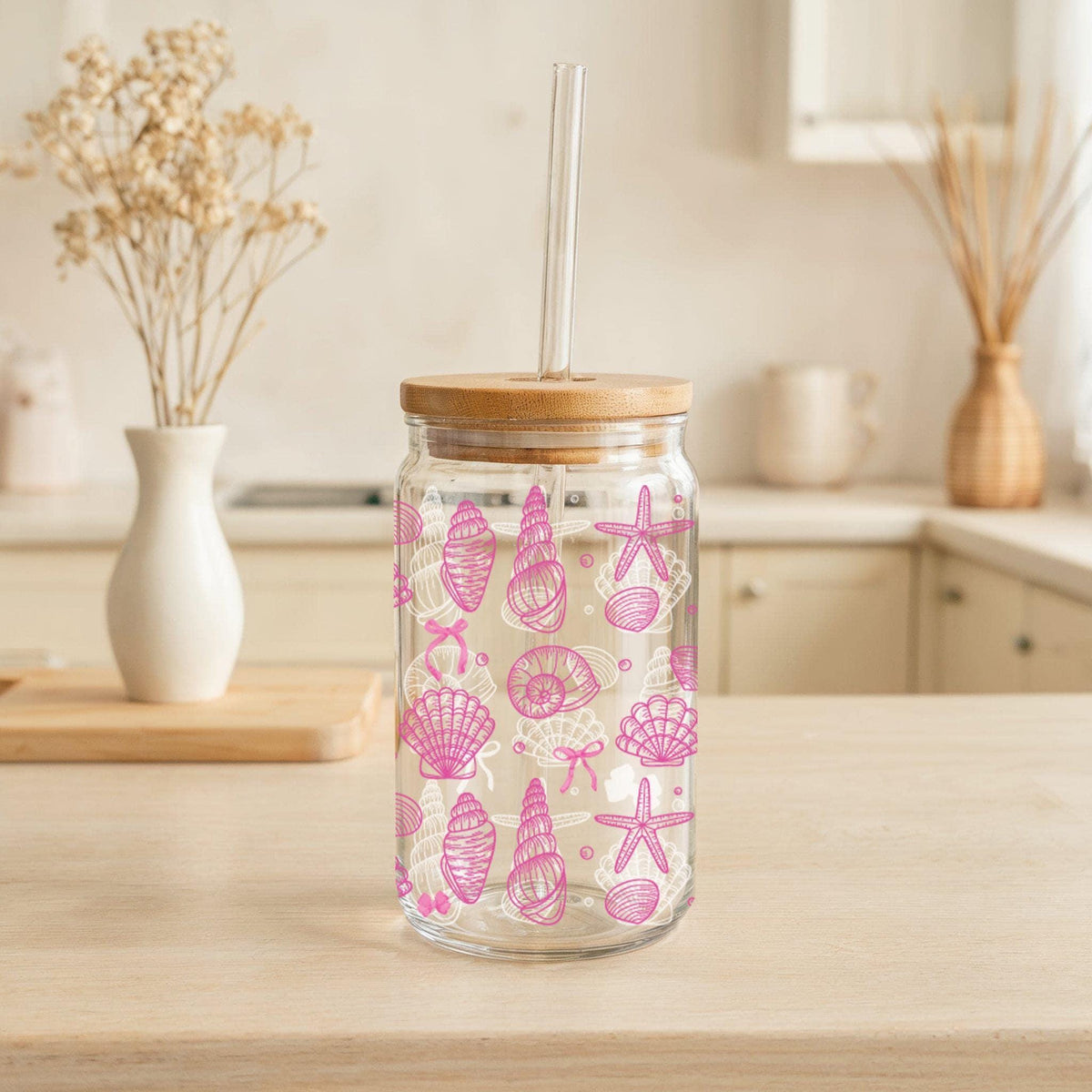 Aesthetic Pink Seashells Design Bamboo Lid & Straw Tumbler, Trendy Summer Vibes Iced Coffee Cup