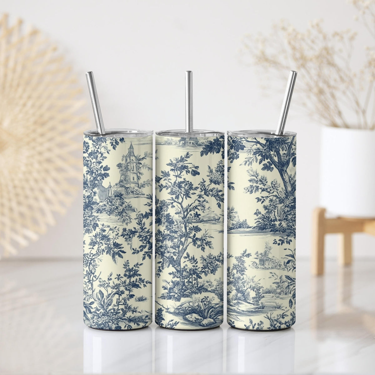 French Country Toile Insulated Tumbler, Vintage Toile De Jouy Print Stainless Steel Tumbler
