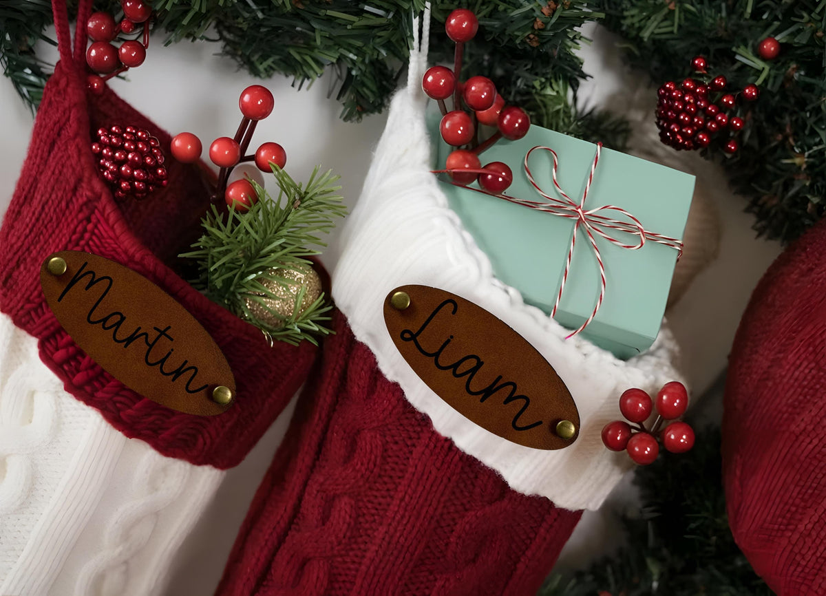 Personalized Engraved Leather Patch Christmas Stocking, Custom Name Knit Family Stocking