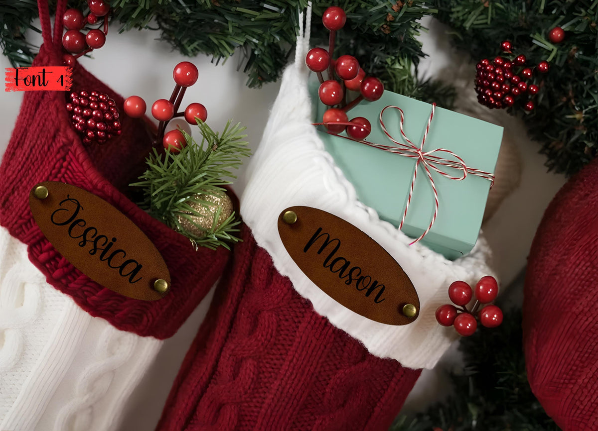 Custom Engraved Leather Patch Christmas Stockings, Personalized Family Holiday Decor