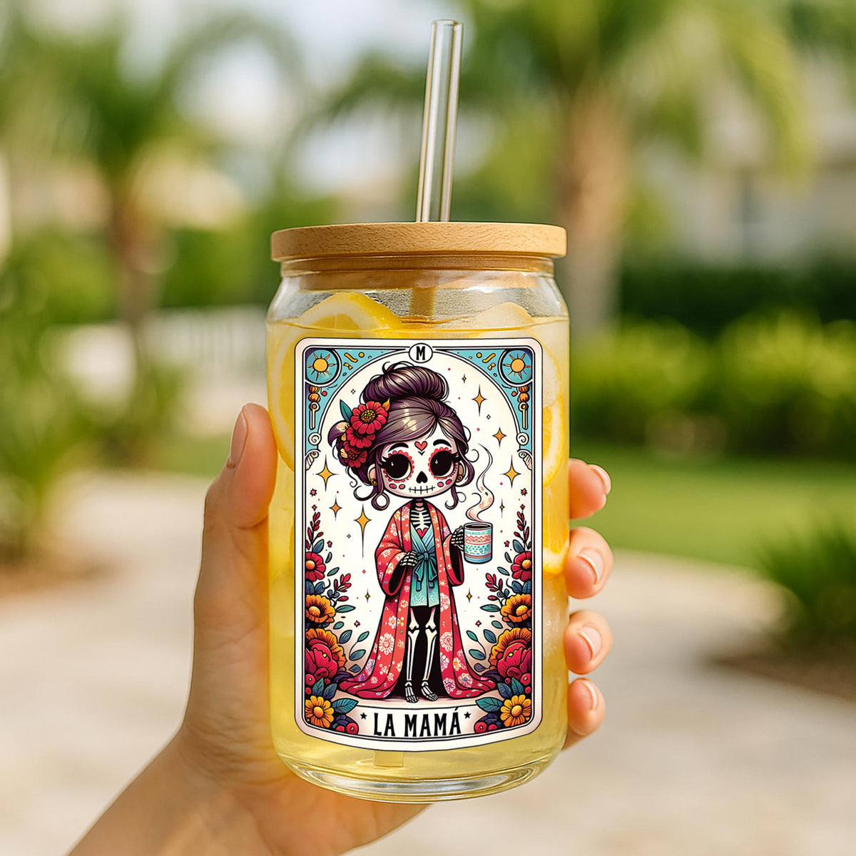 Sugar Skull Mom Can Glass Tumbler, La Mama Loteria Card Style Iced Coffee Cup