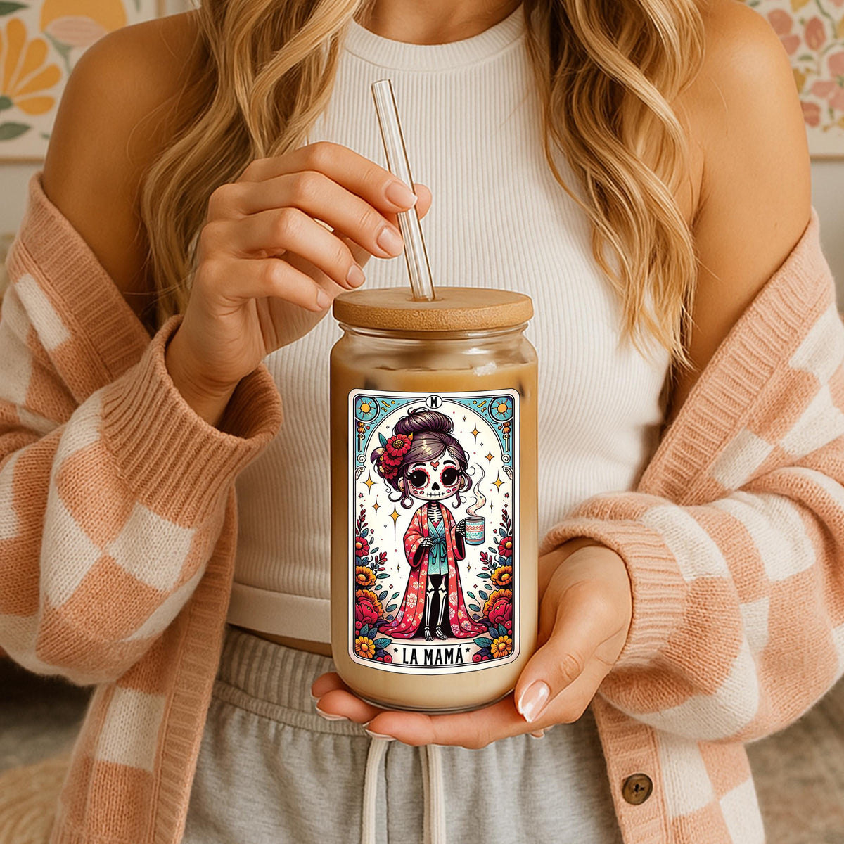 Sugar Skull Mom Can Glass Tumbler, La Mama Loteria Card Style Iced Coffee Cup
