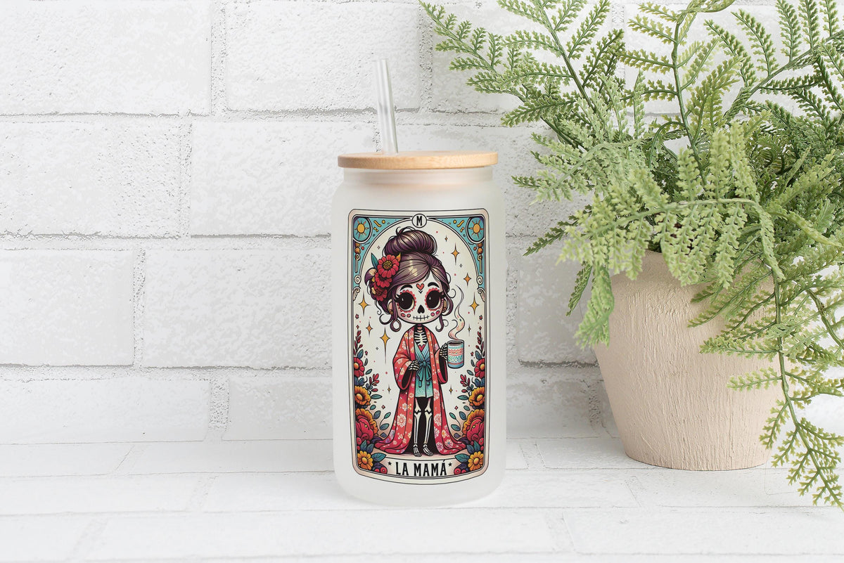 Sugar Skull Mom Can Glass Tumbler, La Mama Loteria Card Style Iced Coffee Cup