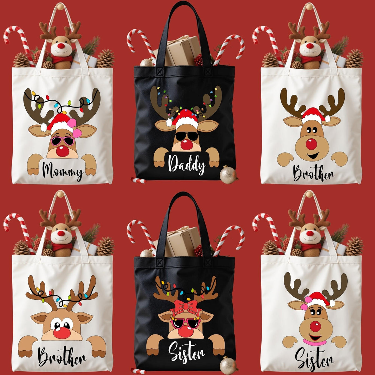 Reindeer Family Christmas Tote Bag, Personalized Christmas Canvas Bag, Custom Christmas Bag, Matching Xmas Party Tote Bags, Christmas Gift